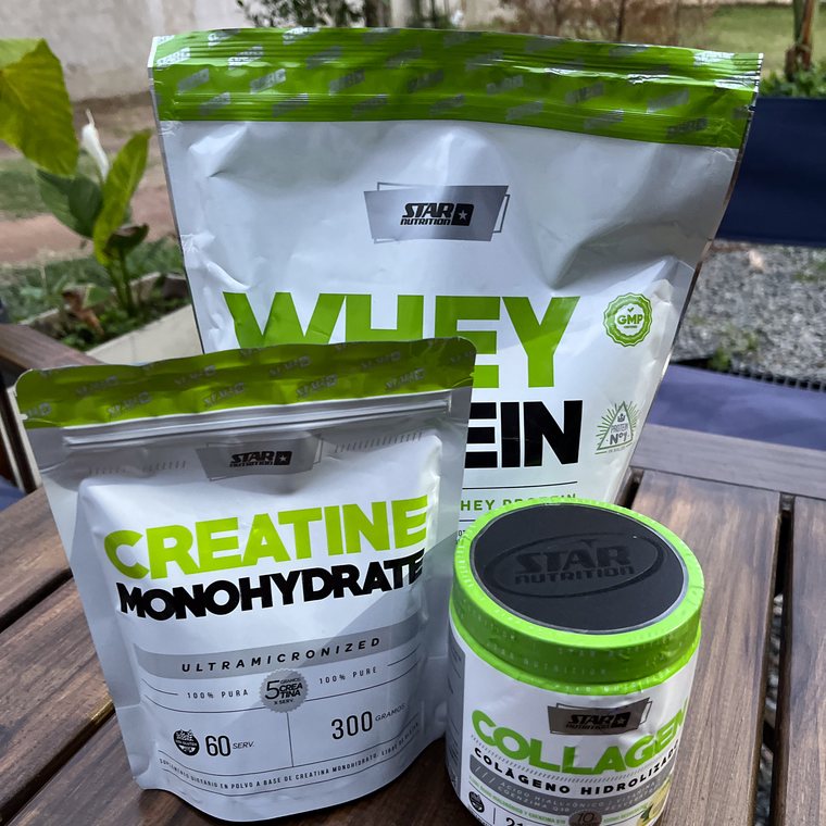 Combo de whey protein, creatina y colágeno